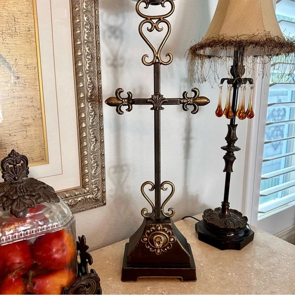 Bronze Fleur de Lis Candle Holder with Intricate Scrollwork